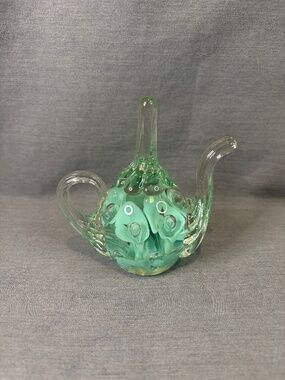 Art Glass Teapot Paperweight Ring Holder Light Blue Flowers Bubbles